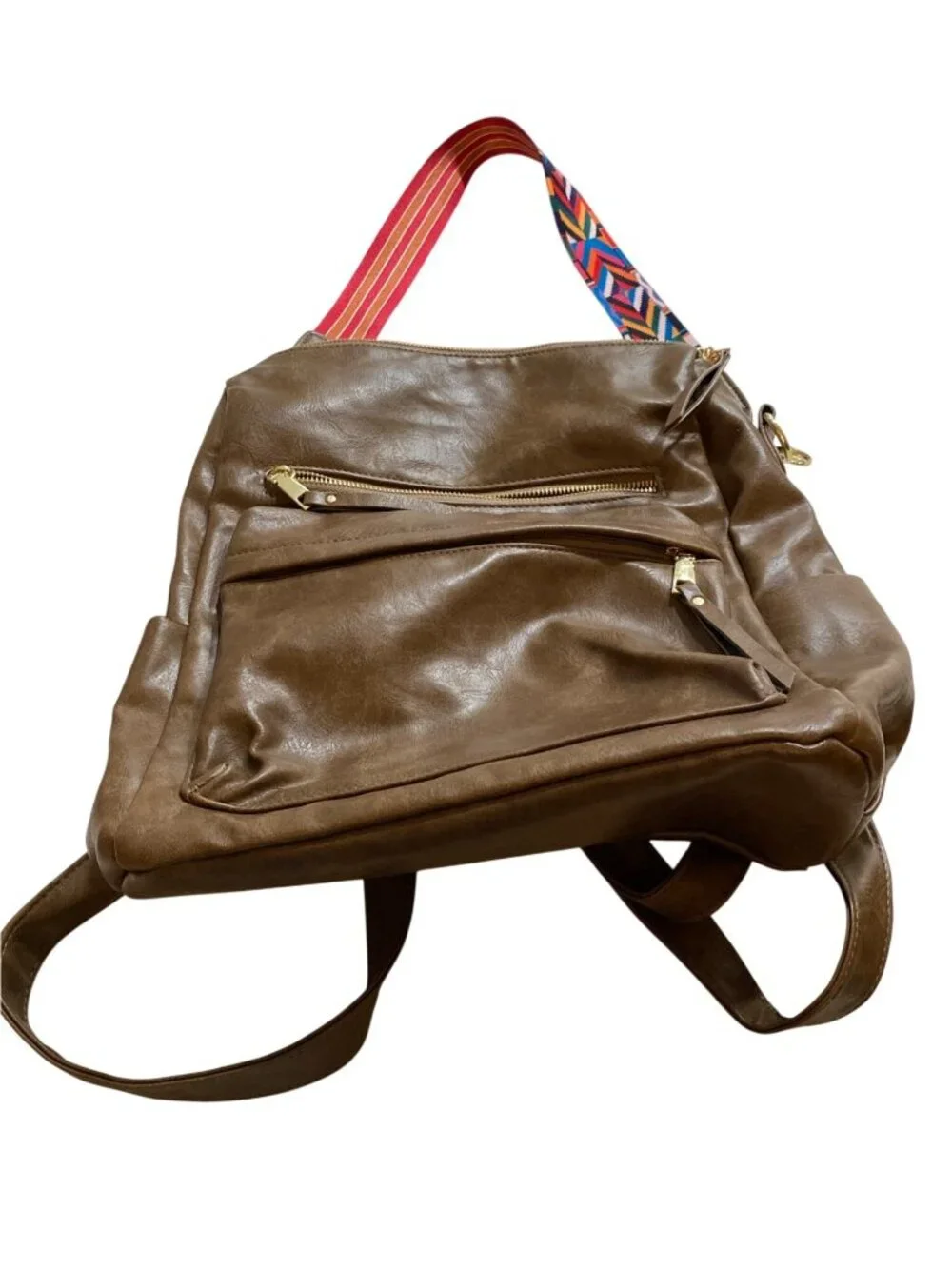 Brown Faux Leather Backpack Purse Colorful Adjustable Guitar Strap Gold Accents